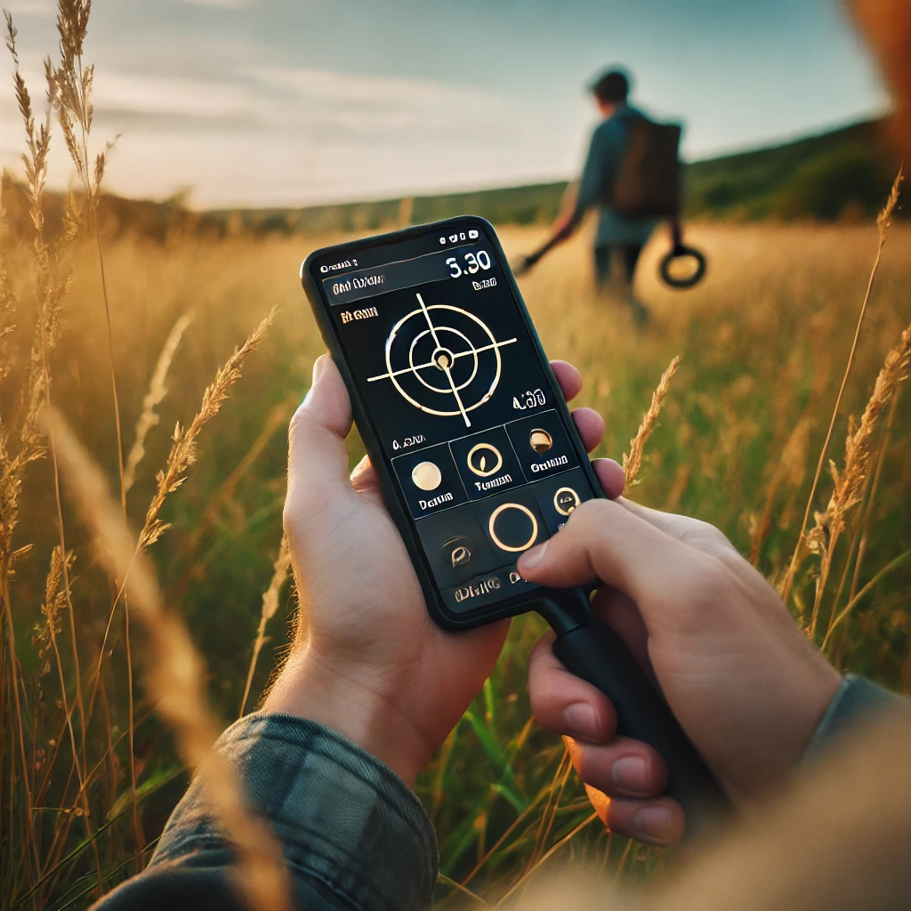 "Pessoa usando aplicativo de detecção de metais no smartphone em um campo aberto, com interface de detecção visível na tela, transmitindo sensação de aventura e descoberta."
